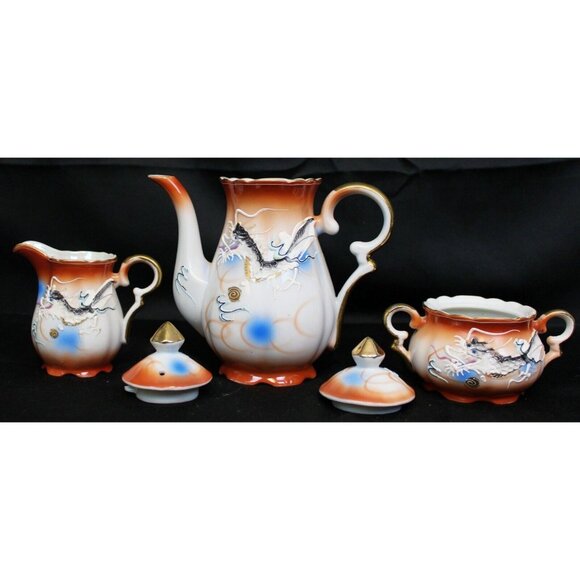 5 Pc Orange Moriage Dragonware Tea Set Teapot Sugar Bowl Creamer Pitcher Japan - Picture 8 of 11